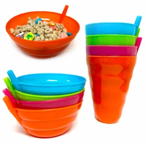 8 Pc Cereal Bowls with Straws and Kids Straw Cups Set Sippy Sip-a-Bowl BPA Free