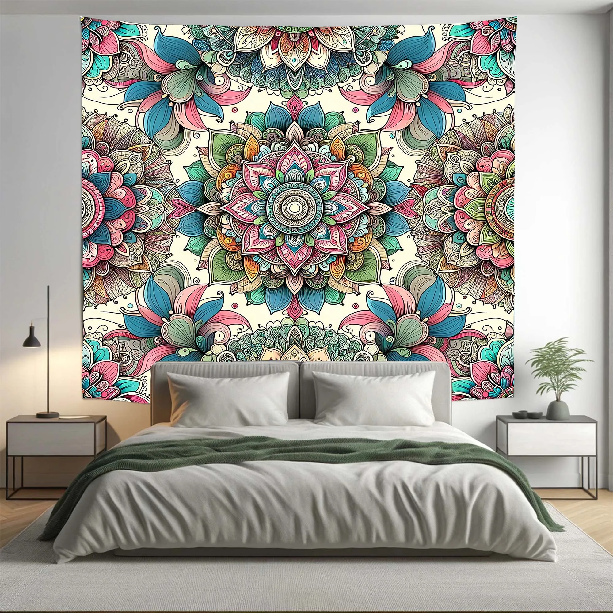 Bohemian Pink Teal AOP Floral Mandala Tapestry Psychedelic Wall Hanging Boho Decor