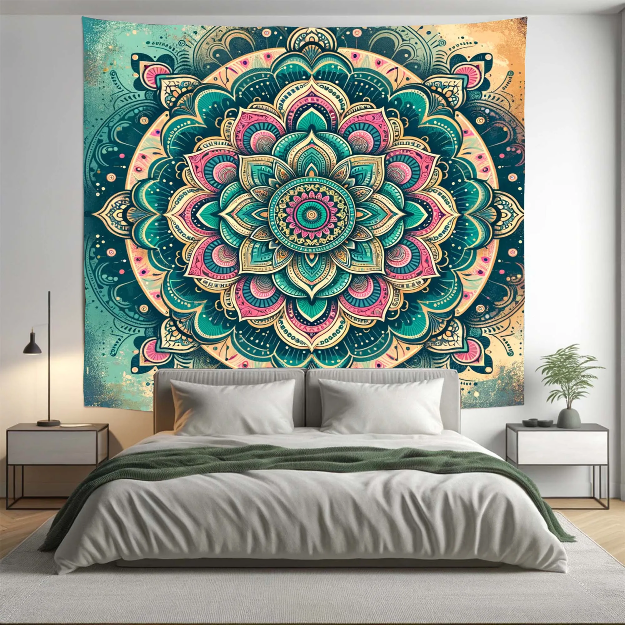 Bohemian Pink Teal Lotus Mandala Tapestry Psychedelic Wall Hanging Boho Decor