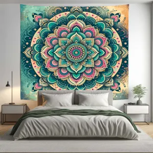 Bohemian Pink Teal Lotus Mandala Tapestry Psychedelic Wall Hanging Boho Decor