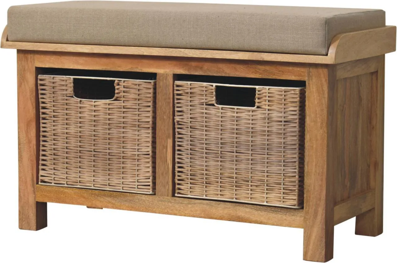 Couch.com Rattan Basket Linen Bench Brown, with Storage, Wood Construction, Light Brown Finish by Couch.com