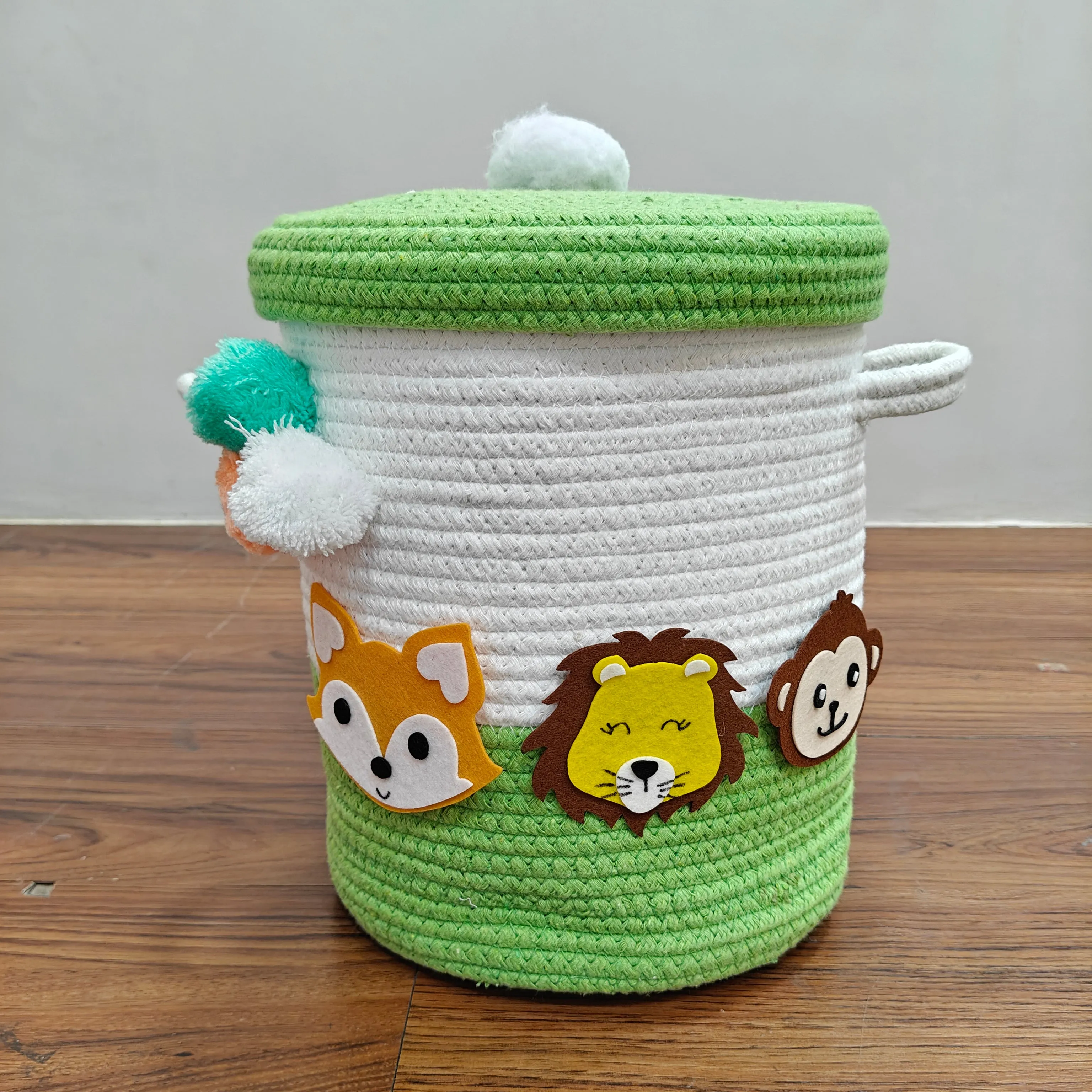 Jute Cotton Storage Basket with Lid- Jungle Jive
