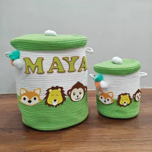 Jute Cotton Storage Basket with Lid- Jungle Jive