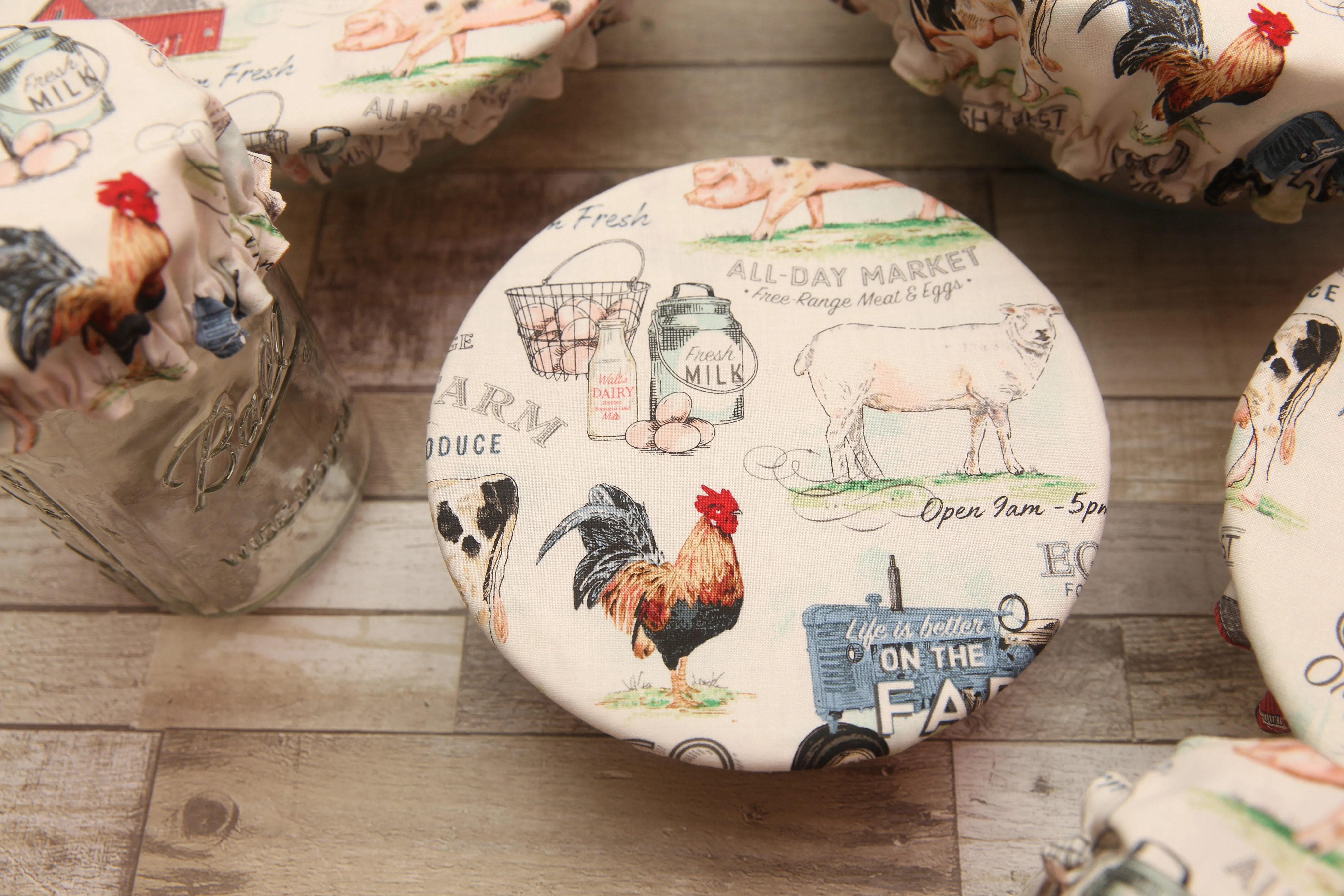 NON-PROP (FARM FRESH) Bowl, Jar, Cup, Plate COVERS; Hot Pad; Jar Opener; FARM FRESH; MADE TO ORDER