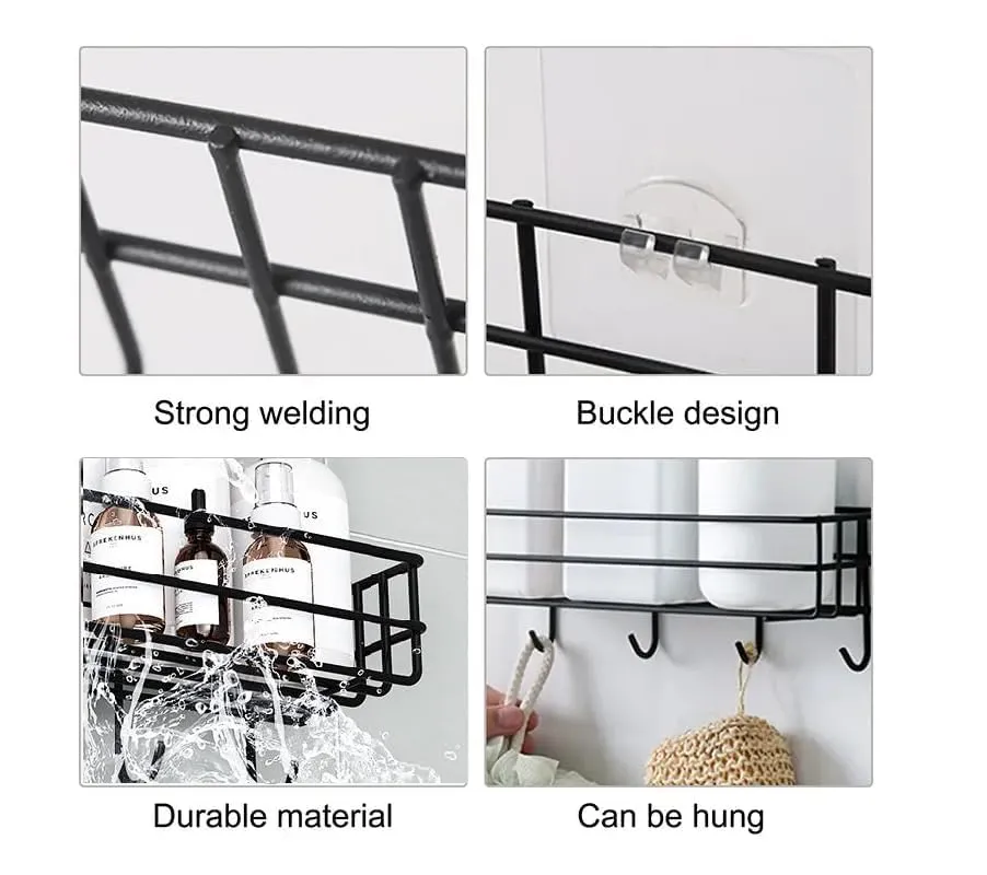 Oslen Wall Mounted GI Steel Self-Adhesive Bathroom Shelf with Hooks, Towel Holder and Rack - Wall-Mounted Bathroom Accessories Organizer in Sleek Black Powder Coating (Pack of 1)