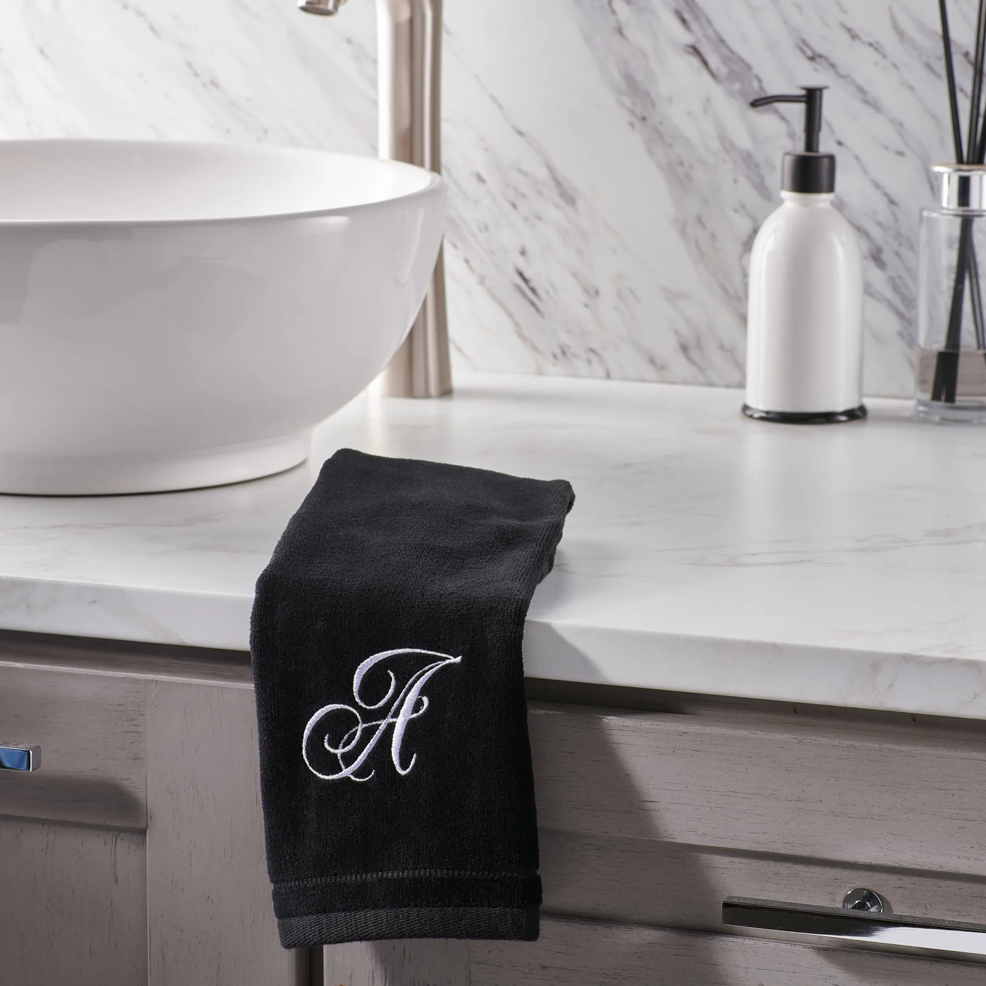Set of 2 Black Monogrammed Towel - White Embroidered - Initial P
