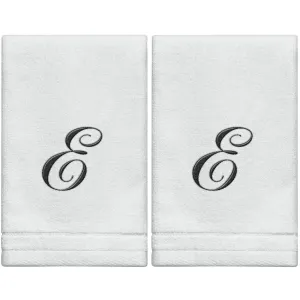 Set of 2 White Monogrammed Towel - Black Embroidered - Initial  E