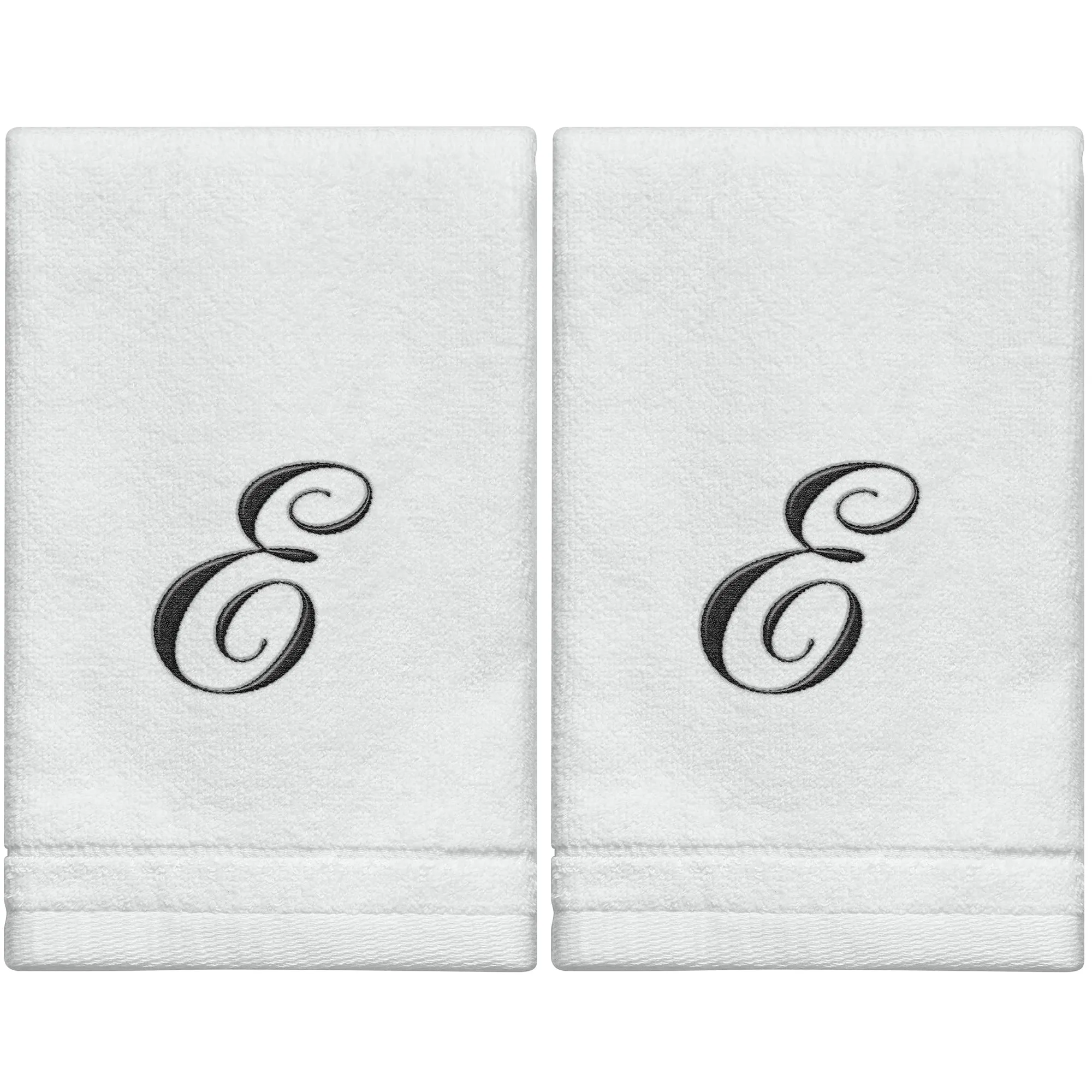 Set of 2 White Monogrammed Towel - Black Embroidered - Initial  E