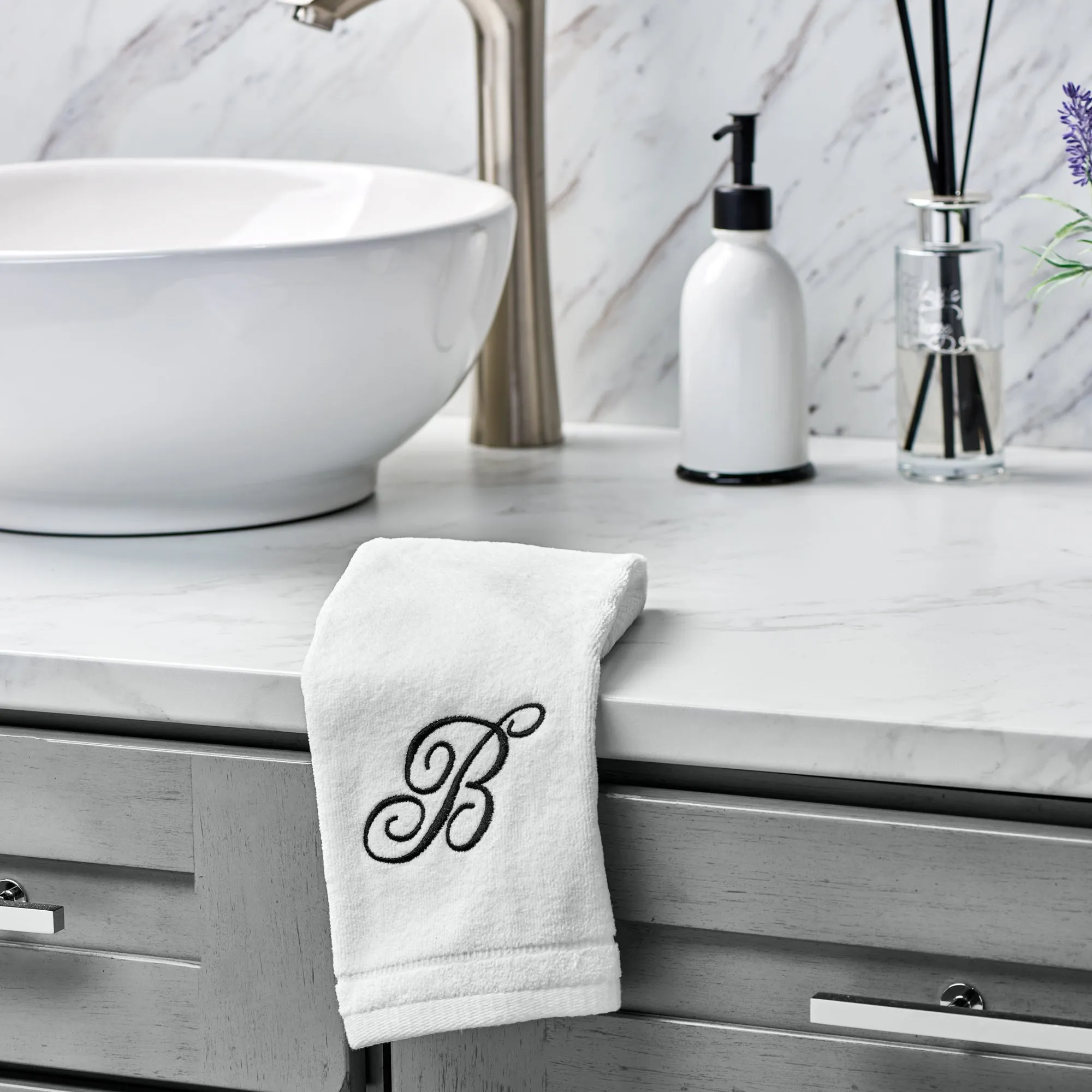 Set of 2 White Monogrammed Towel - Black Embroidered - Initial  K