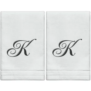 Set of 2 White Monogrammed Towel - Black Embroidered - Initial  K