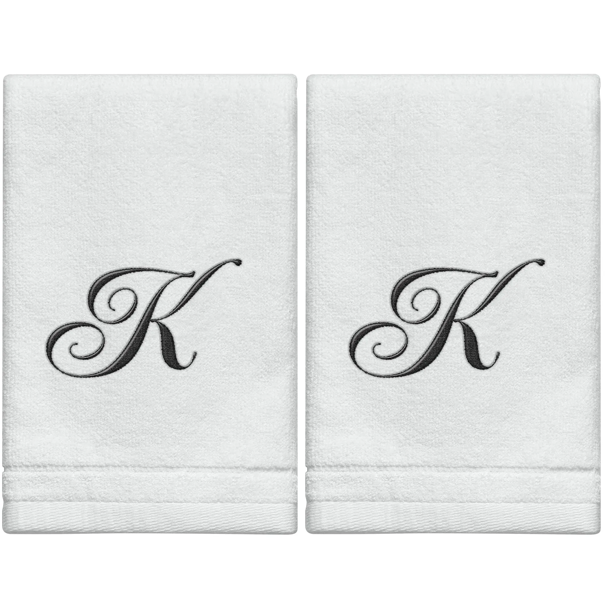 Set of 2 White Monogrammed Towel - Black Embroidered - Initial  K