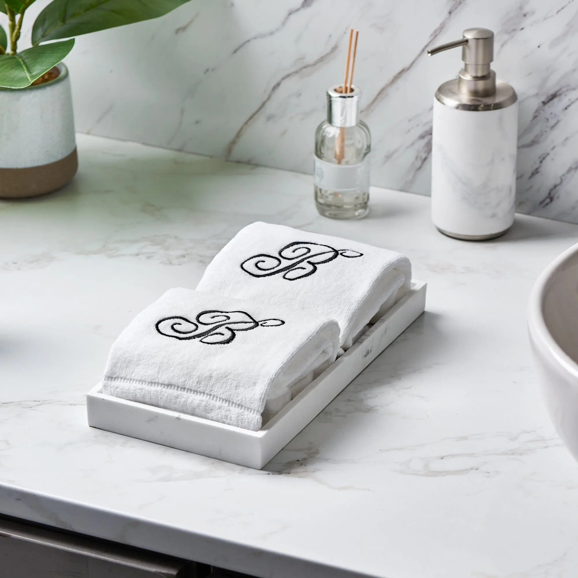 Set of 2 White Monogrammed Towel - Black Embroidered - Initial  K
