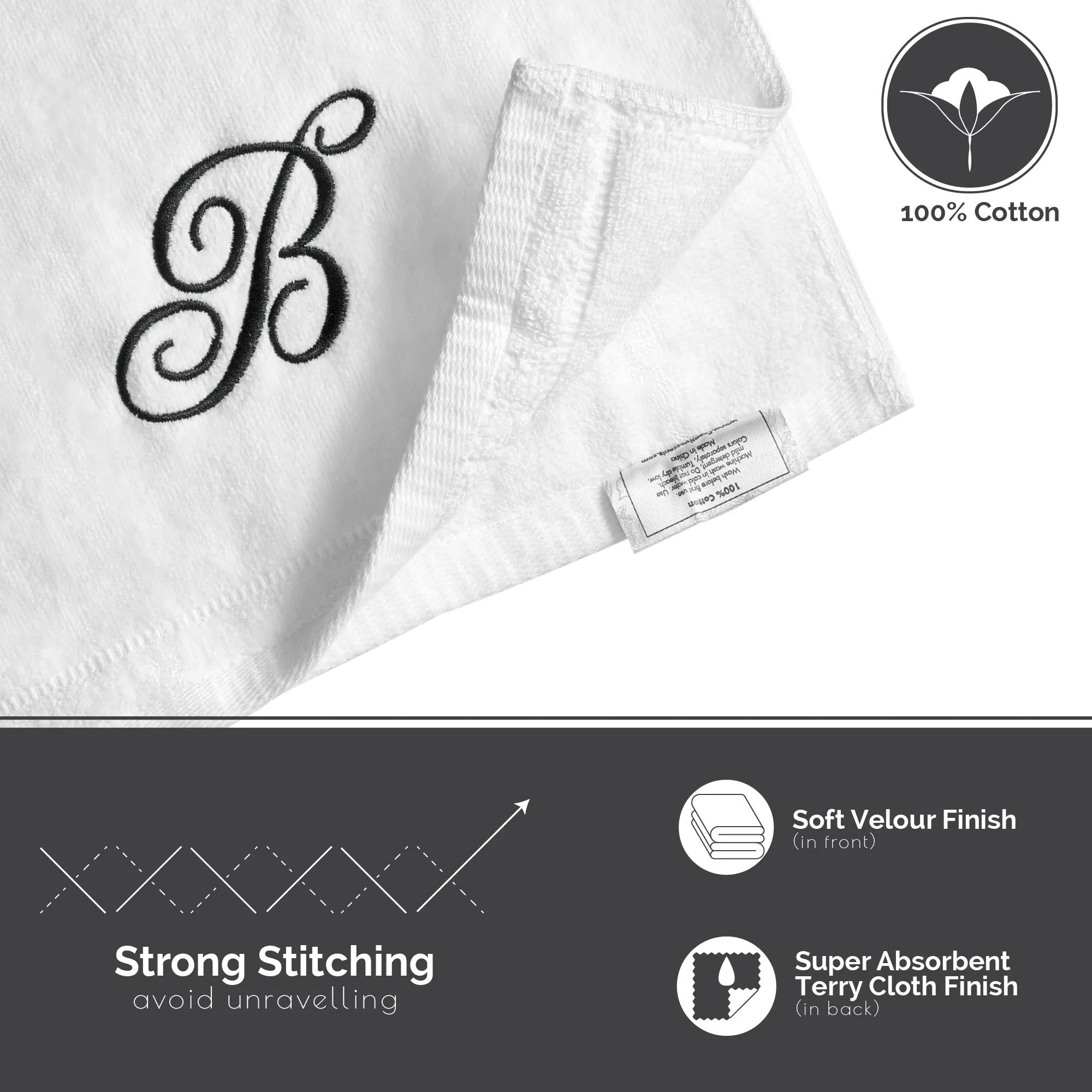 Set of 2 White Monogrammed Towel - Black Embroidered - Initial  K