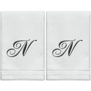 Set of 2 White Monogrammed Towel - Black Embroidered - Initial  N