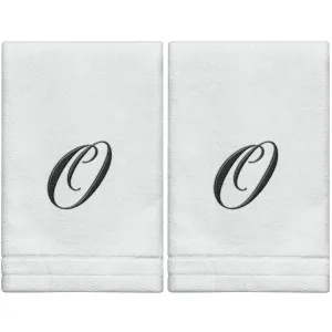Set of 2 White Monogrammed Towel - Black Embroidered - Initial  O